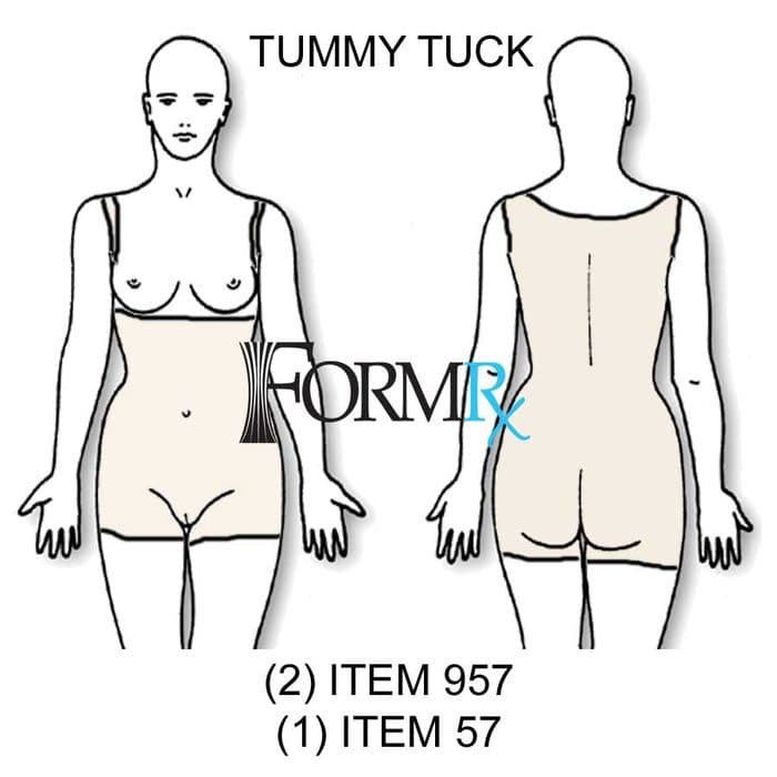 Line drawing showing tummy tuck compression coverage, items 957 and 57